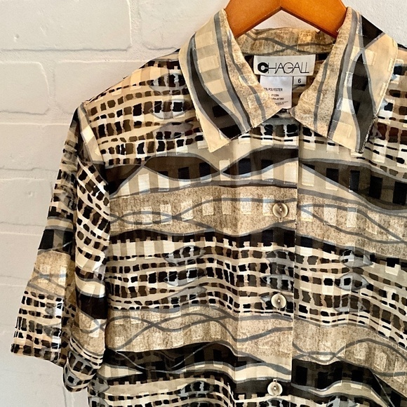 Vintage Women’s Button down sheer MCM Print Mobwife Cream Black Sz 6 - Picture 5 of 7